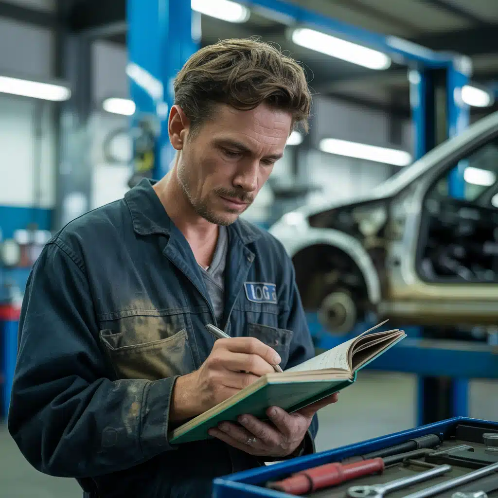 A young mechanic in a modern diagnostic garage A young mechanic in a modern diagnostic garage