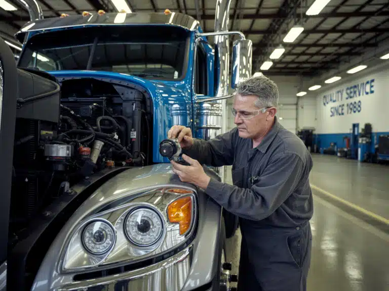 truck preventive maintenance on Freightliner in garage